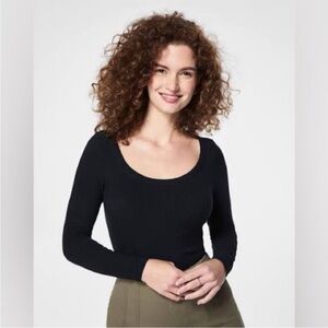 Spanx Stretch Rib Scoop Neck Long Sleeve T shirt Black 20992R Sz Large